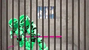 Two green humanoid robots pulling a pink rope behind prison bars in a grey cell, with blue sky visible through a small window.