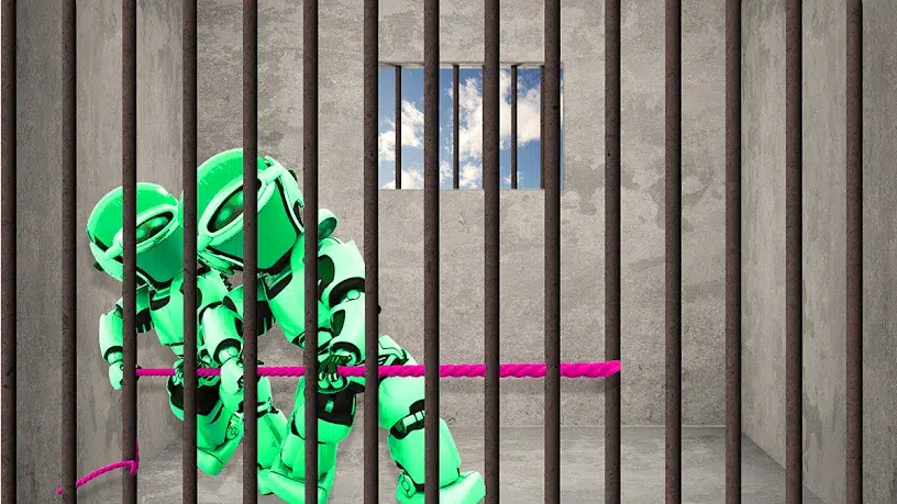 Two green humanoid robots pulling a pink rope behind prison bars in a grey cell, with blue sky visible through a small window.