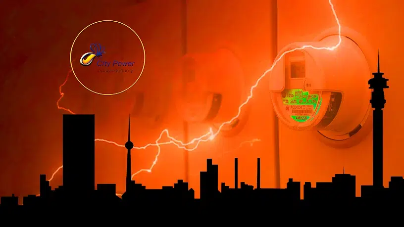 Illustration of Johannesburg's electricity network with an orange-toned background, featuring smart electricity meters, a lightning bolt across the image, the City Power Johannesburg logo, and a black silhouette of the Johannesburg skyline in the foreground. The image symbolises electricity supply, power infrastructure, energy monitoring, and urban power distribution.
