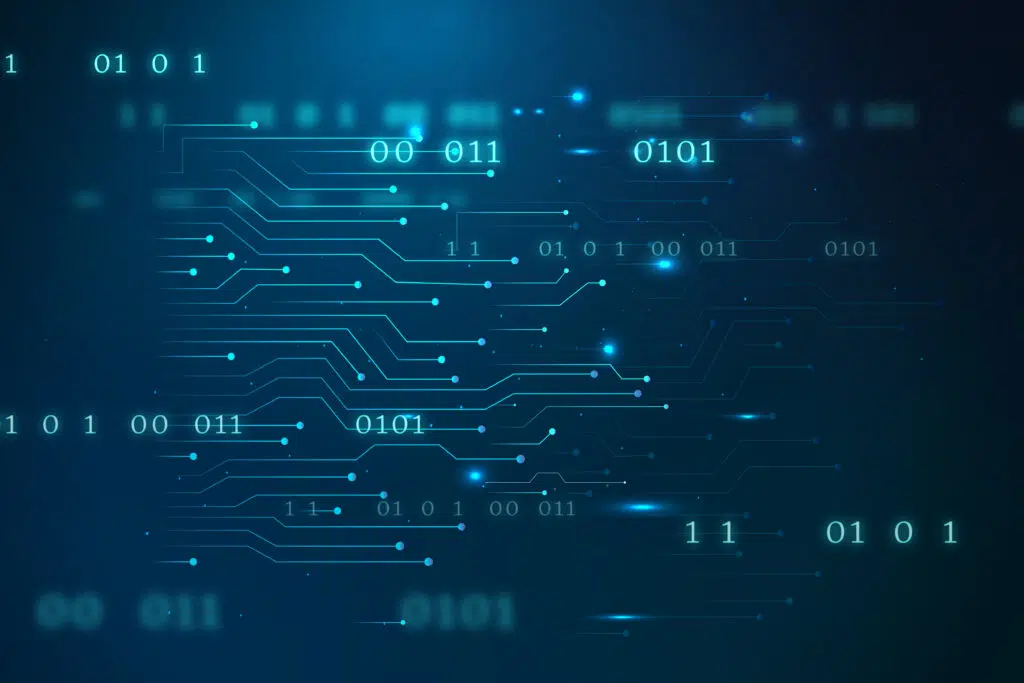 Blue digital circuit board design with glowing binary code and connected lines.