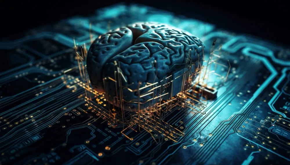 Digital brain on a circuit board representing artificial intelligence and machine learning technology.