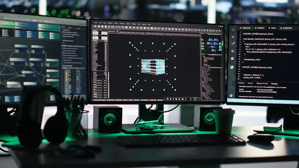 Three computer monitors displaying programming code, software interfaces and a network visualisation at a desktop workstation with a keyboard and speakers.