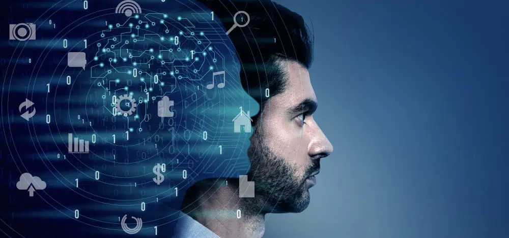 Person with AI brain overlay featuring circuits, data and technology icons, representing artificial intelligence and machine learning.